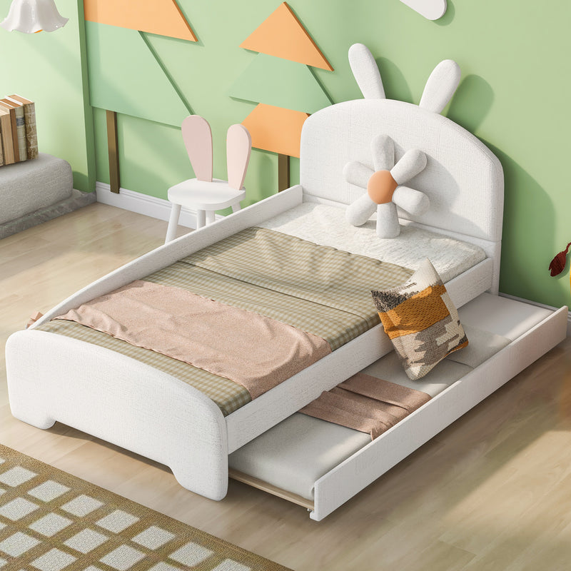 Twin Size Upholstered Platform Bed with Cartoon Ears Shaped Headboard and Trundle, White