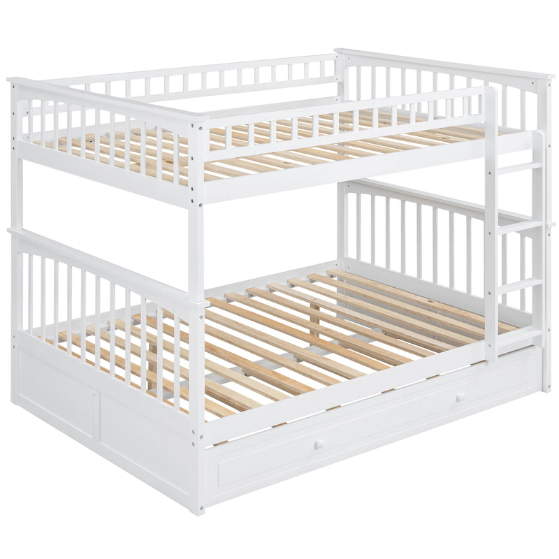 Full over Full Bunk Bed with Twin Size Trundle, Convertible Beds, White