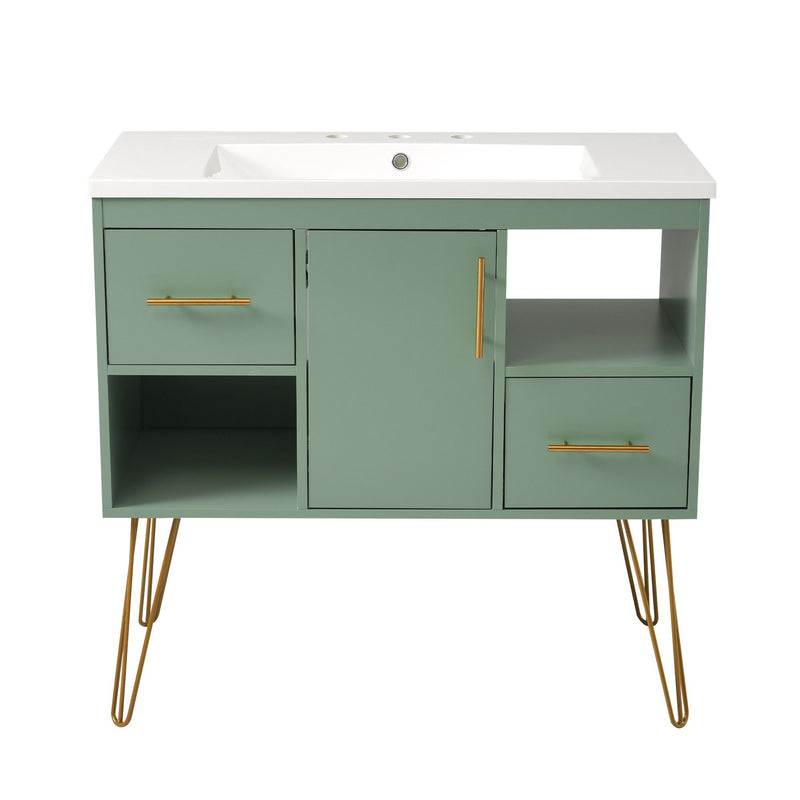 Bathroom Vanity With Resin Sink Combo Set, Modern Freestanding Single Bathroom Cabinet With 2 Drawers & 2 Storage Compartments, Storage Cabinet For Bathroom, Frame Vanity Set - Green