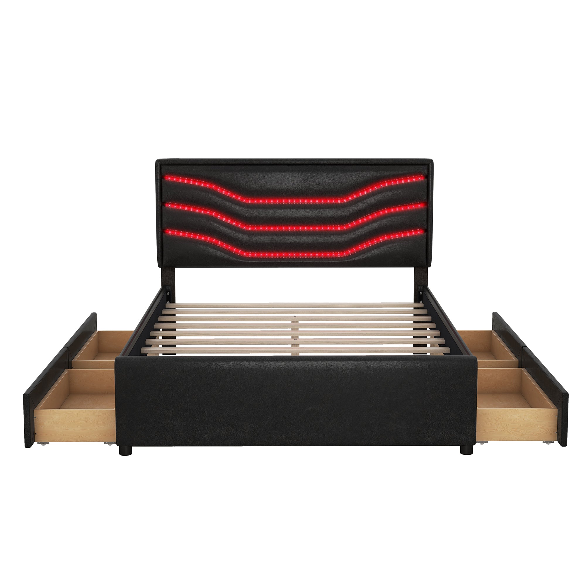 Queen Size Upholstered Storage Platform Bed with LED, 4 Drawers and USB Charging, Black - Atlantic Fine Furniture Melbourne FL
