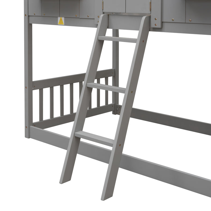 Twin over Twin House Bunk Bed with Roof , Window, Window  Box, Door , with Safety Guardrails and Ladder, Grey