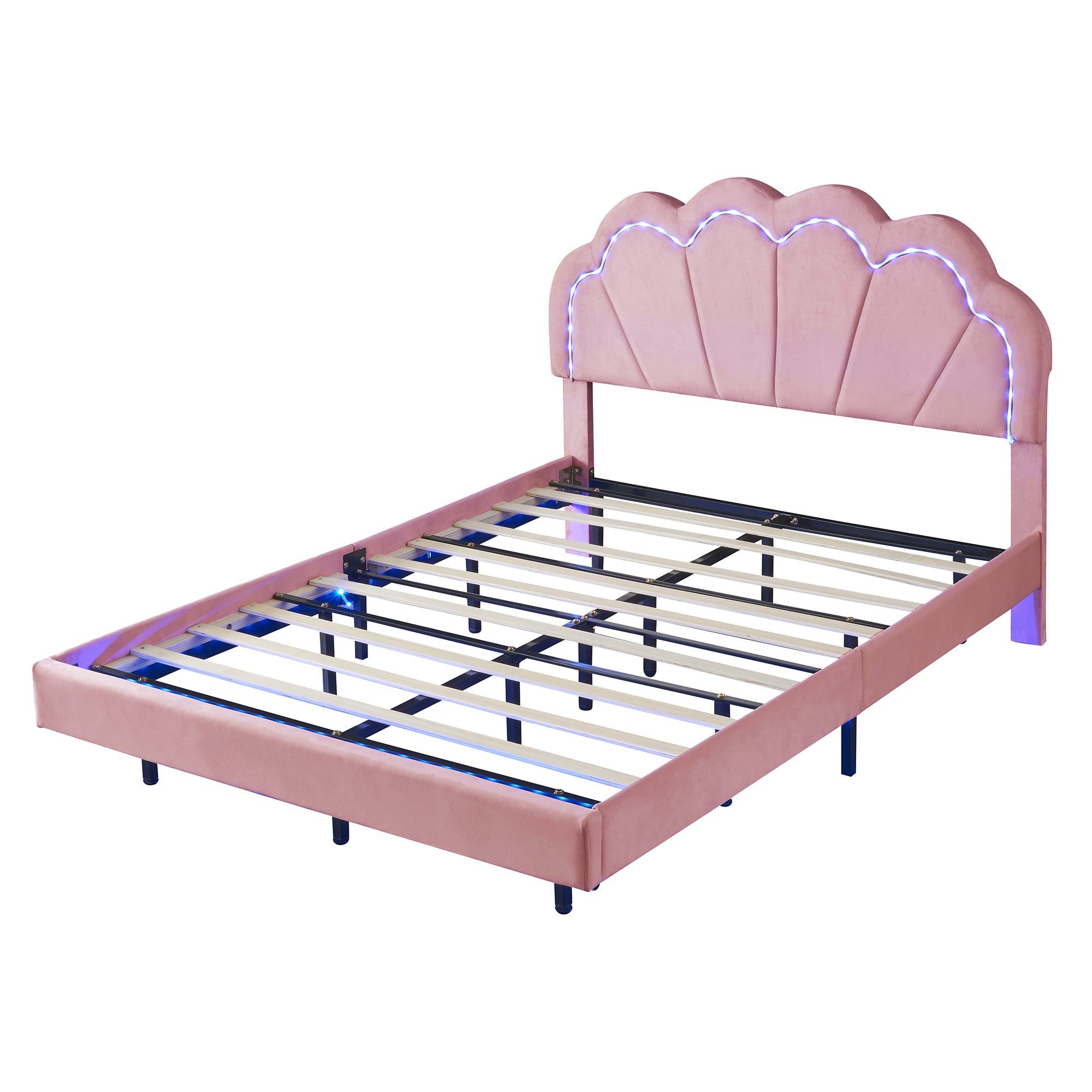 Full Upholstered Smart LED Bed Frame with Elegant Flowers Headboard,Floating Velvet Platform LED Bed with Wooden Slats Support,Pink - Atlantic Fine Furniture Melbourne FL