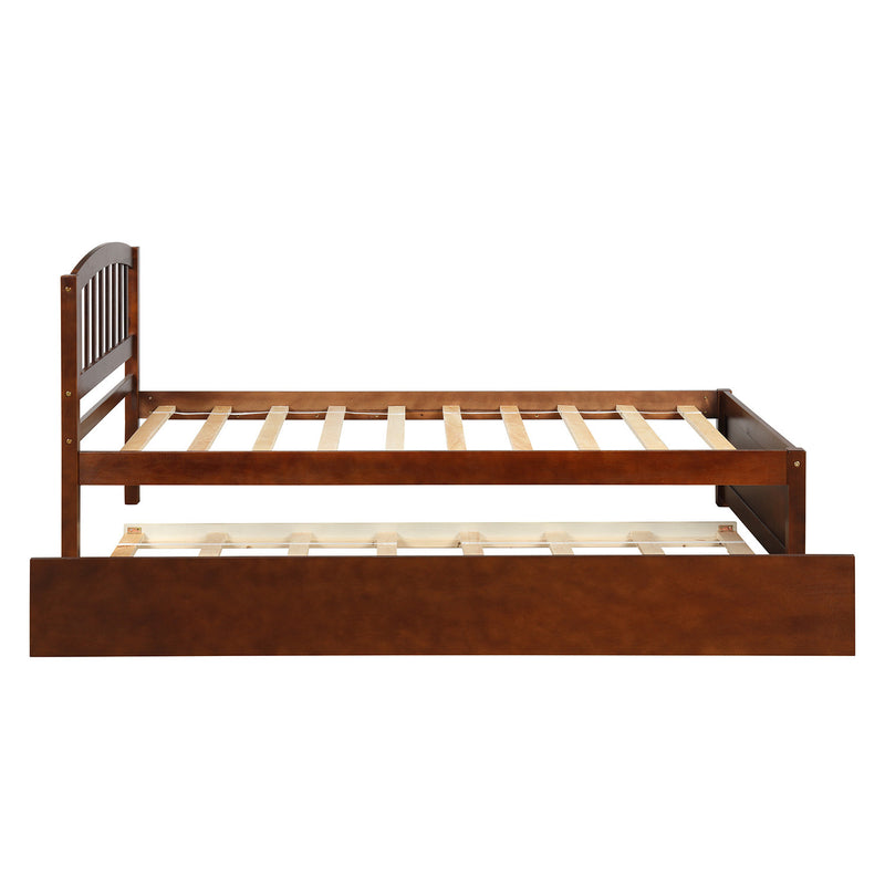 Twin size Platform Bed Wood Bed Frame with Trundle, Walnut