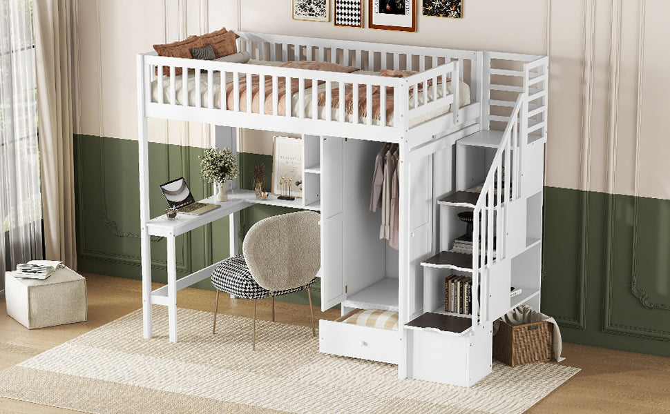 Twin size Loft Bed with Bookshelf,Drawers,Desk,and Wardrobe-White - Atlantic Fine Furniture Melbourne FL