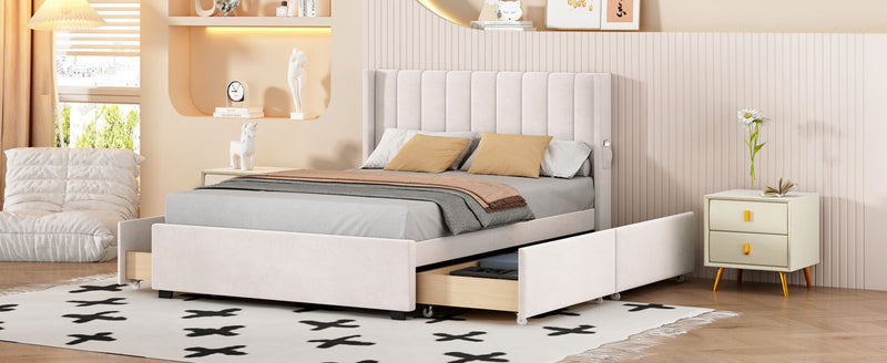 Full Size Upholstered Bed with 4 Drawers, Beige