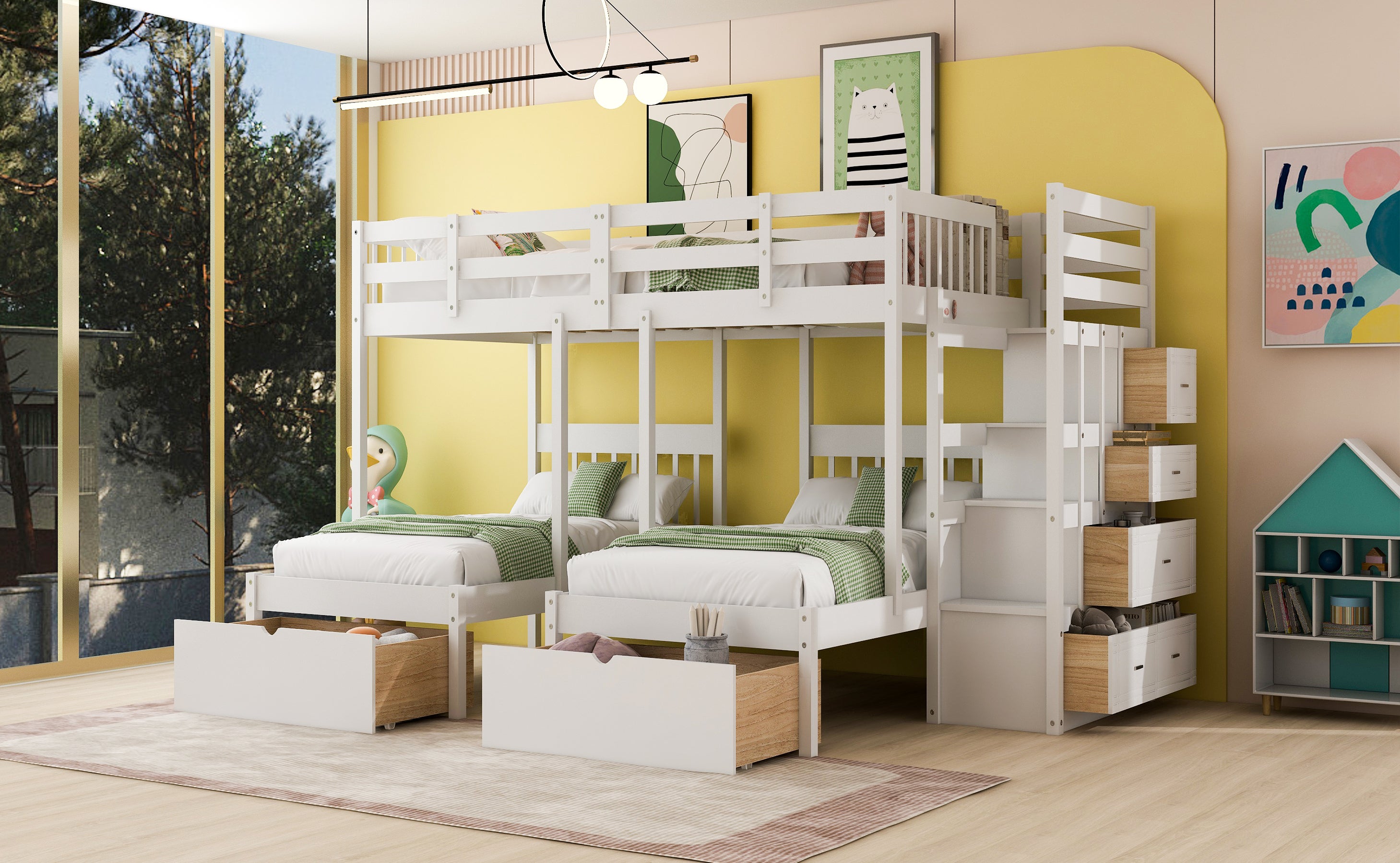 Full Over Twin & Twin Bunk Bed, Wood Triple Bunk Bed with Drawers and Guardrails (White) - Atlantic Fine Furniture Melbourne FL