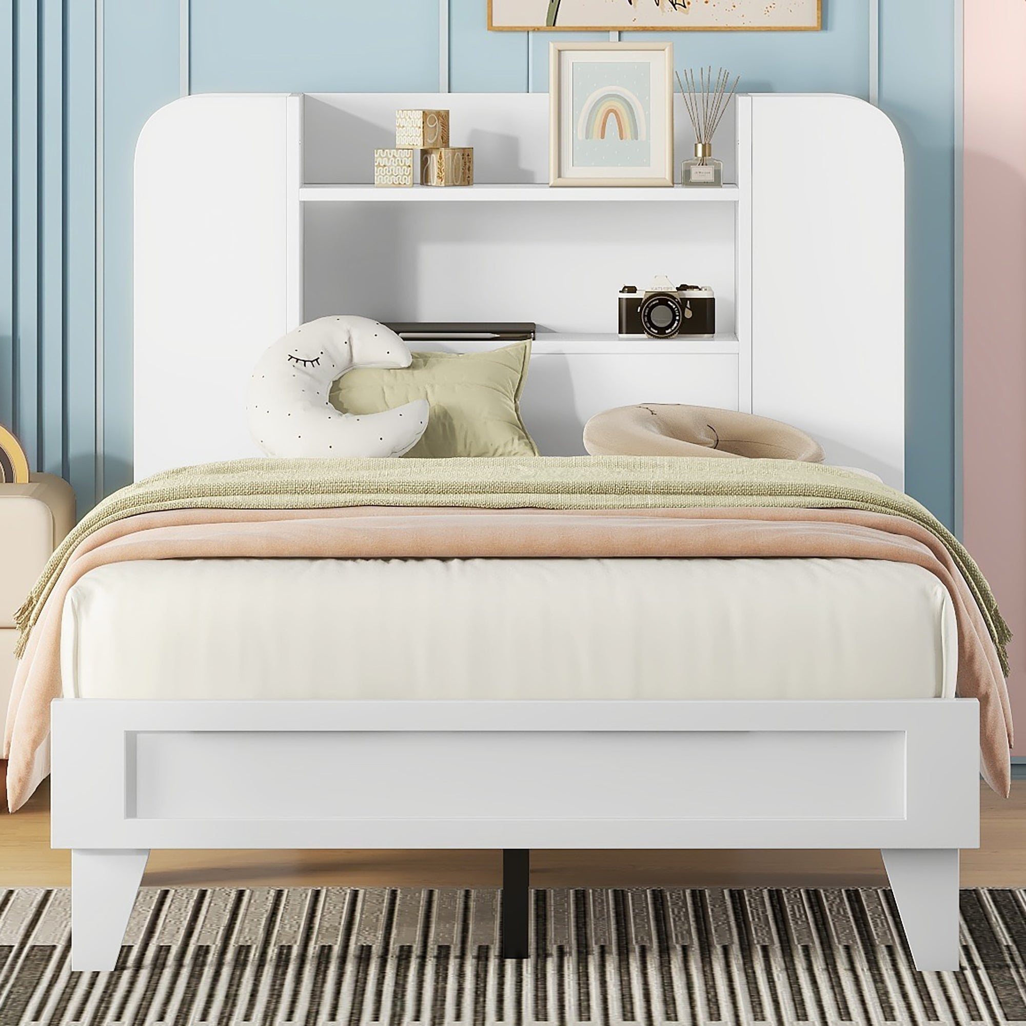 Twin Size Platform Bed with Storage Headboard,Multiple Storage Shelves on Both Sides,White - Atlantic Fine Furniture Melbourne FL