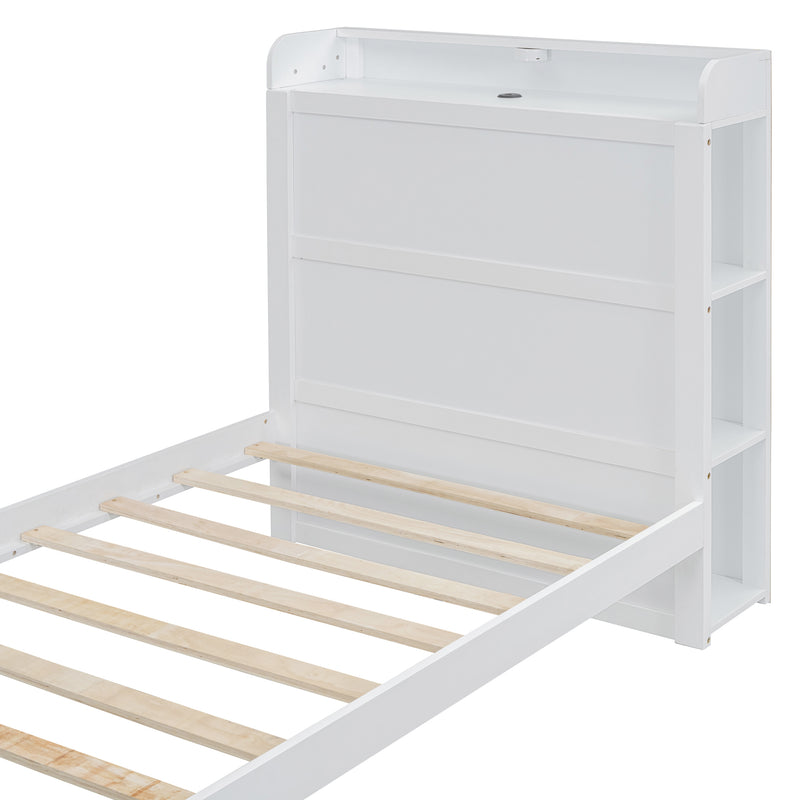 Twin Size Platform Bed with built-in shelves, LED Light and USB ports, White