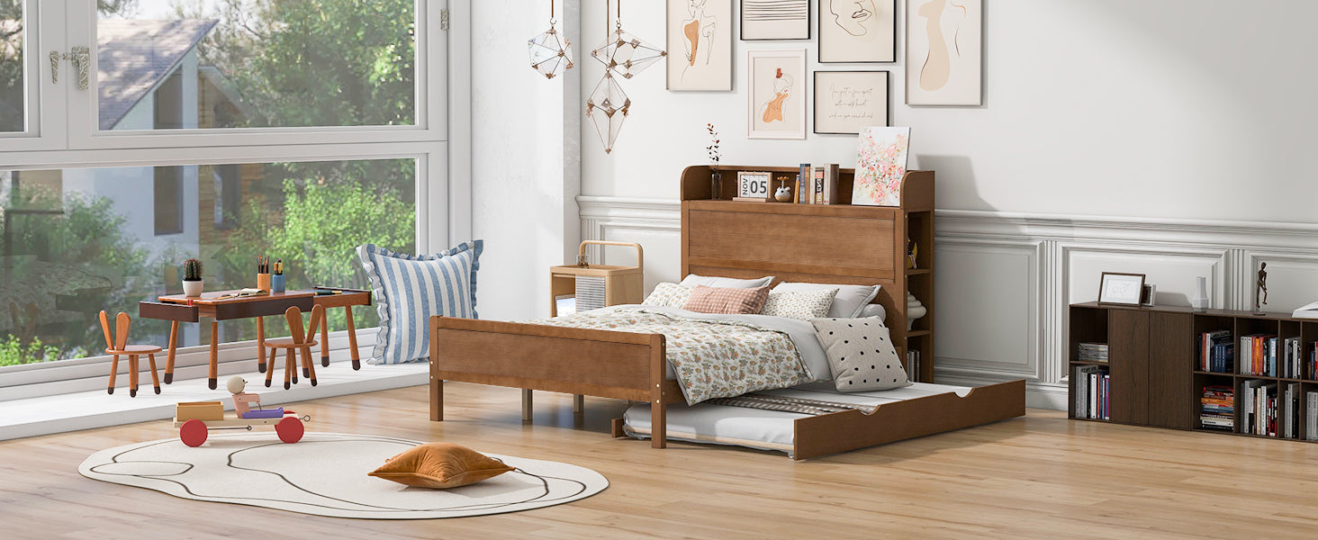 Full Size Platform Bed with Storage Headboard and Twin Size Trundle, Walnut - Atlantic Fine Furniture Melbourne FL