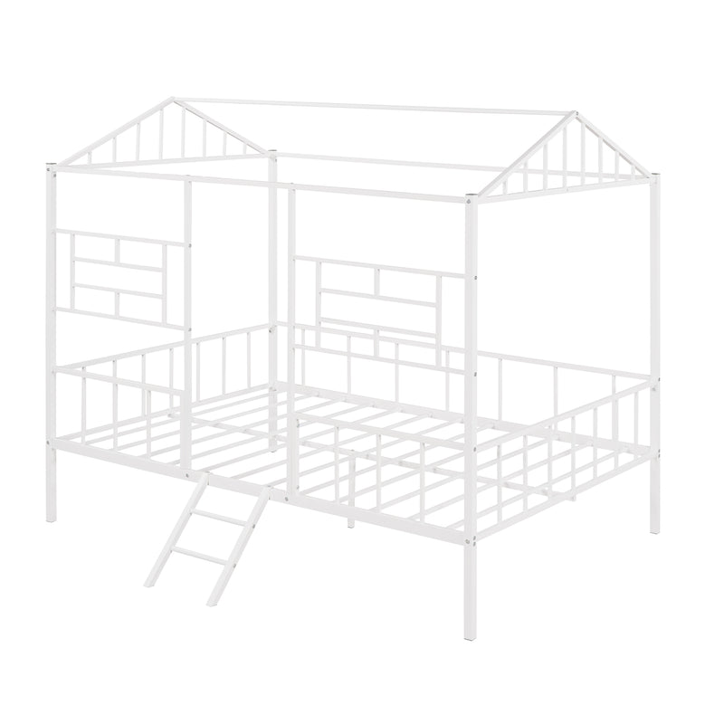 Metal House Bed Frame Full Size with Slatted Support No Box Spring Needed White