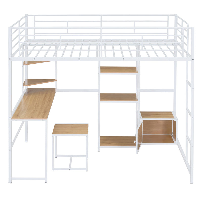Full Size Loft Bed With Desk And Stool, With Open Style Wardrobe, Shelves And Cabinet - White