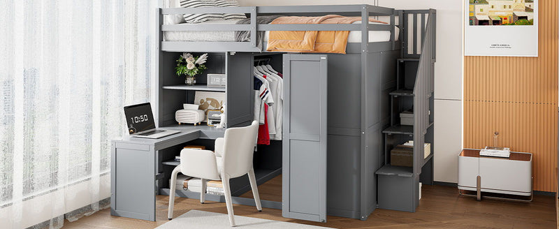 Loft Bed With Wardrobe, Desk And Shelves