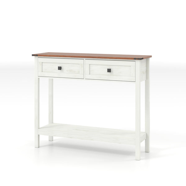 Farmhouse Style Console Table With 2 Drawers And Bottom Storage Shelf