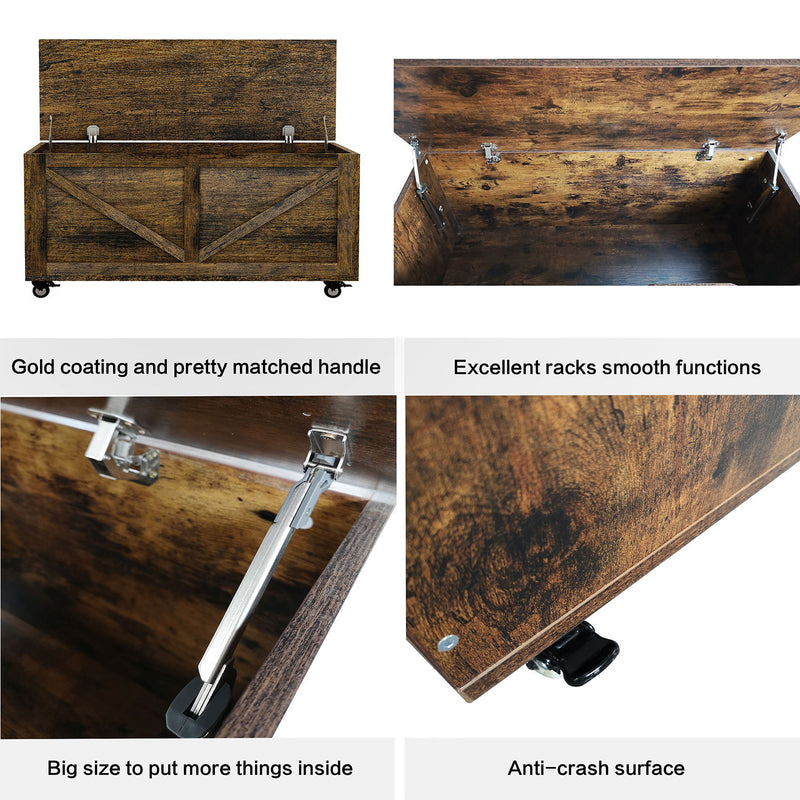 Rustic Wooden Storage Chest With Wheels And Safety Hinge, 300 Lb Capacity - Rustic Brown