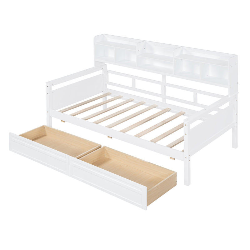 Daybed, Wood Slat Support, With Bedside Shelves And Two Drawers