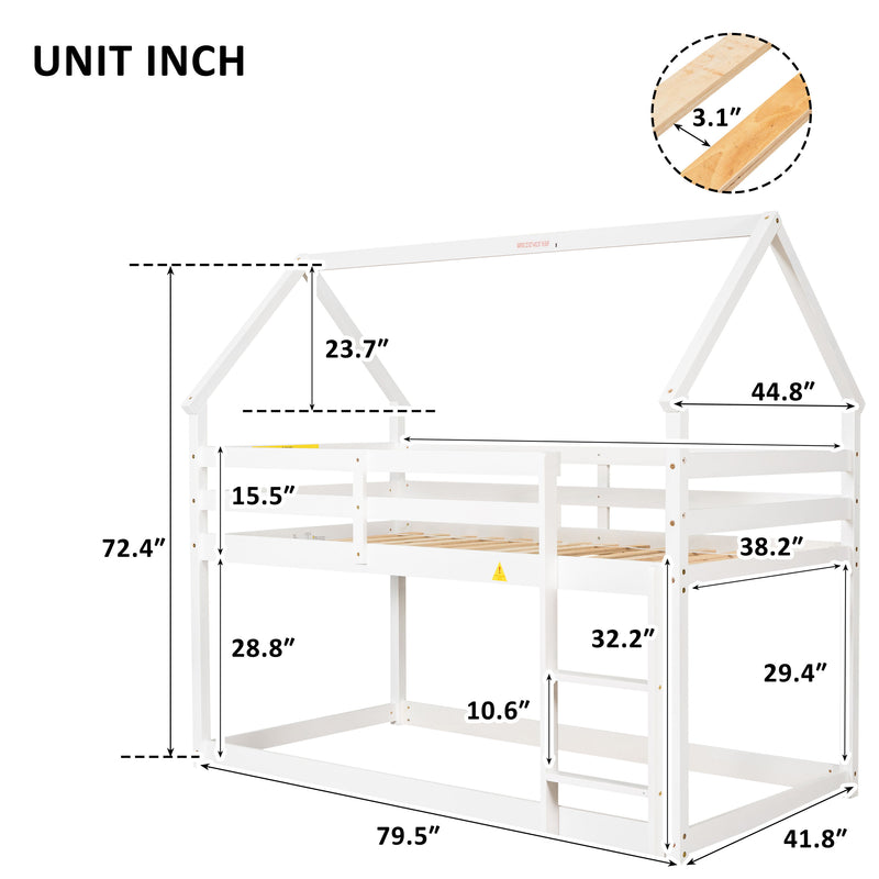 Twin Over Twin Loft Bed With Roof Design, Safety Guardrail, Ladder