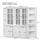 Retro Style Wall Suit With Glass Doors, 75.25" Tall Display Cabinets & Triangle Sided Bookshelves - White