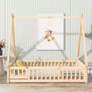 Full Tent-shaped Floor Bed, with Guardrails, Slats, Door ,Natural