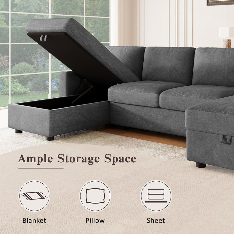 Convertible Sectional Sofa With Storage Chaise Lounges And USB Ports