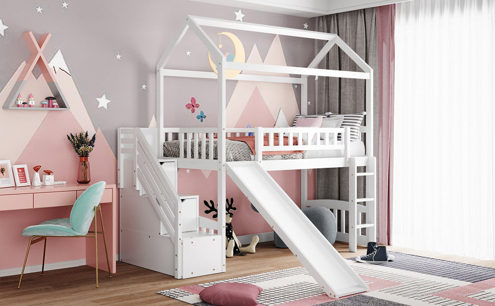 Twin Loft Bed with Two Drawers and Slide, House Bed with Slide, White (Old SKU: LP000130AAK) - Atlantic Fine Furniture Melbourne FL