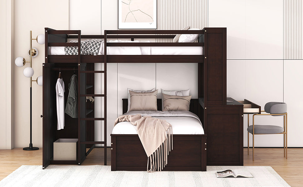 Full size Loft Bed with a twin size Stand-alone bed, Shelves,Desk,and Wardrobe-Espresso - Atlantic Fine Furniture Melbourne FL