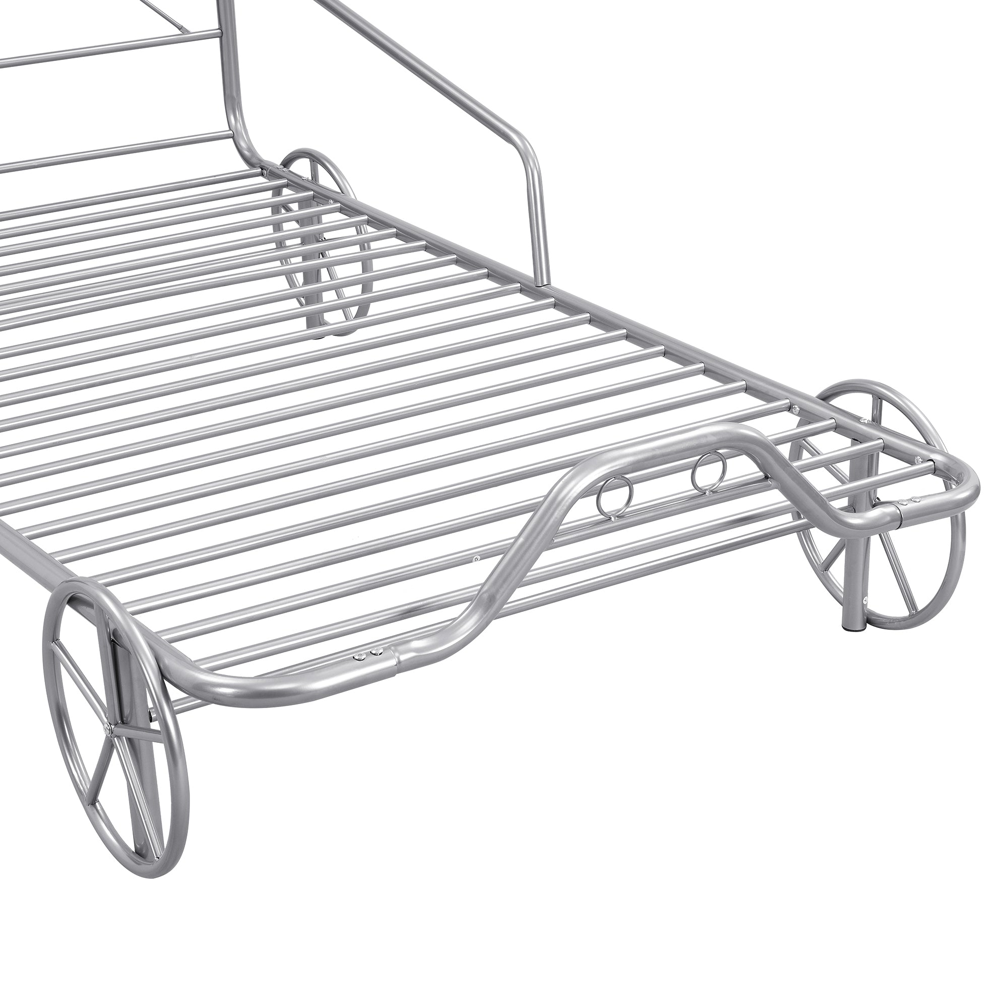 Twin Size Metal Car Bed with Four Wheels, Guardrails and  X-Shaped Frame Shelf, Silver(Old SKU: MF297599AAN) - Atlantic Fine Furniture Melbourne FL