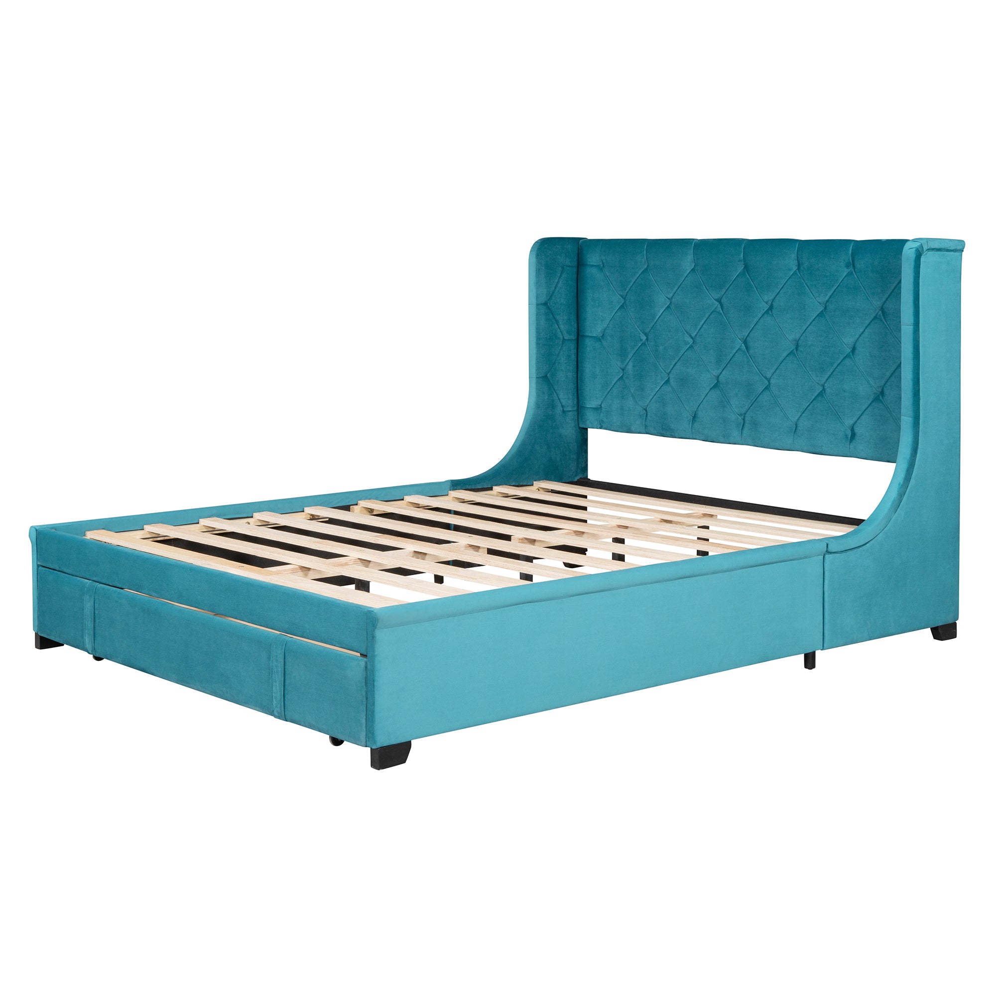 Queen Size Storage Bed Velvet Upholstered Platform Bed with Wingback Headboard and a Big Drawer (Blue) - Atlantic Fine Furniture Melbourne FL