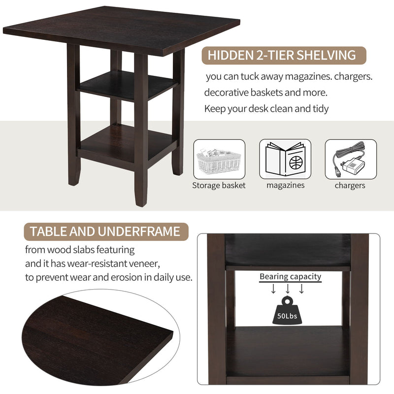 5 Piece Wooden Counter Height Dining Set With Padded Chairs, Storage Shelving