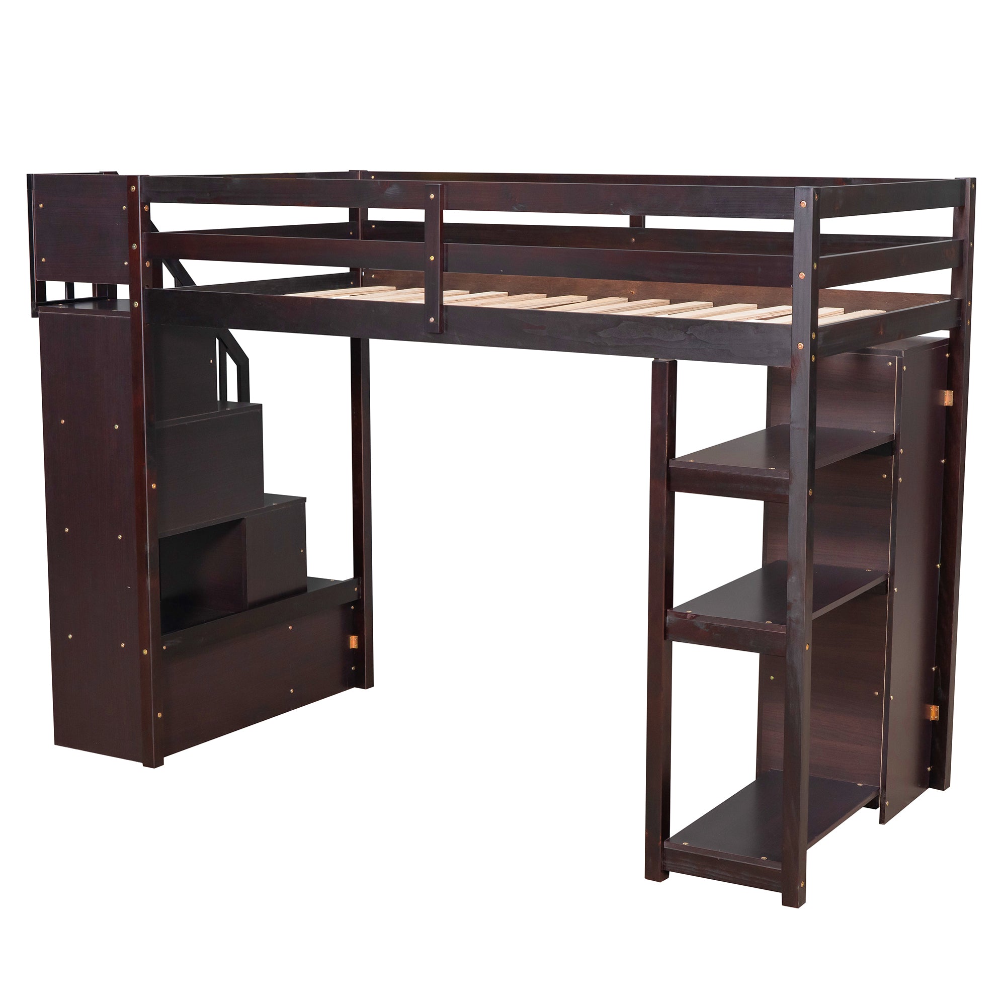 Twin size Loft Bed with Storage Drawers and Stairs, Wooden Loft Bed with Shelves - Espresso - Atlantic Fine Furniture Melbourne FL