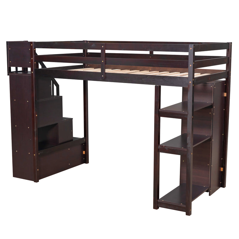 Twin size Loft Bed with Storage Drawers and Stairs, Wooden Loft Bed with Shelves - Espresso