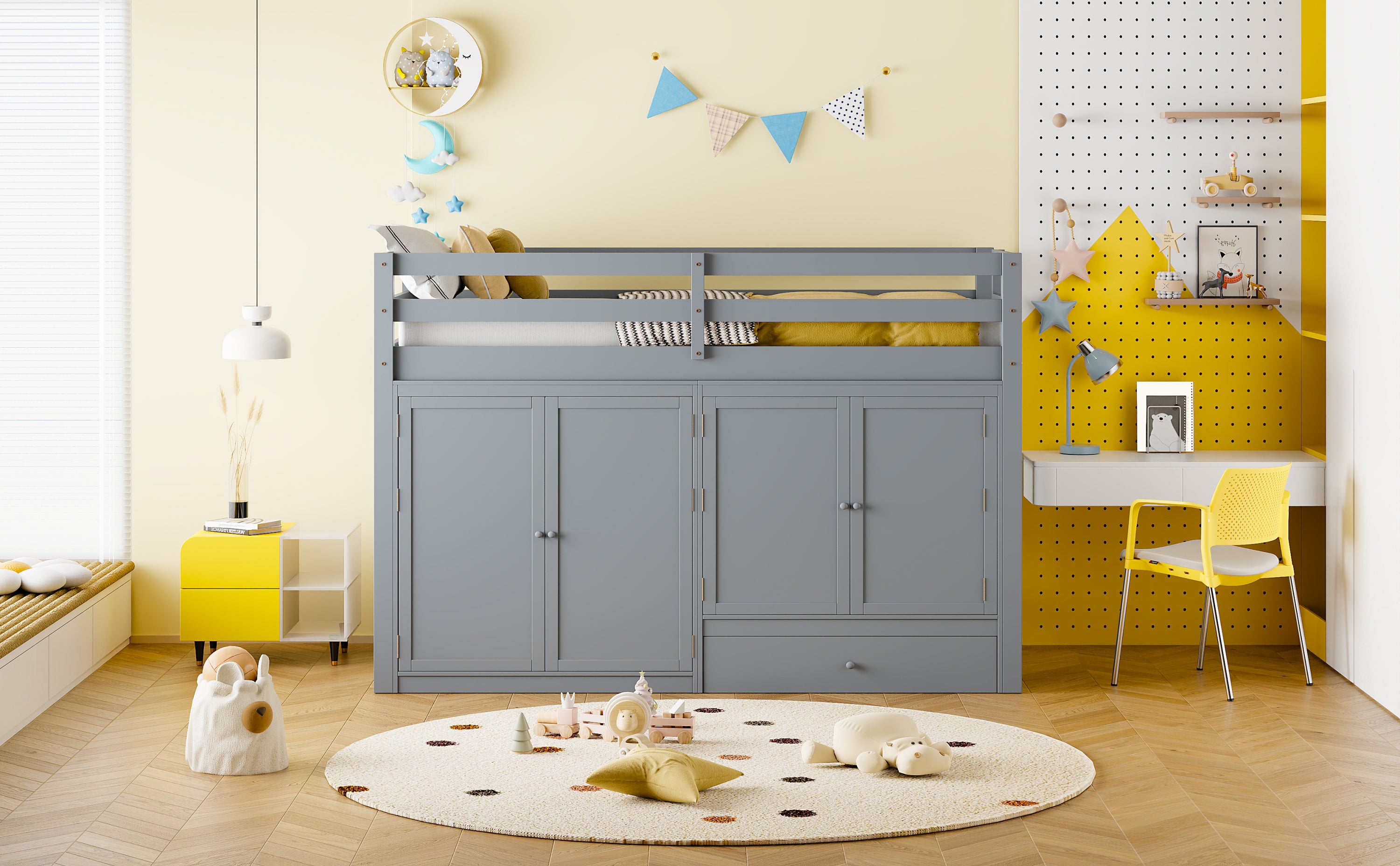Twin size Loft Bed with Drawer, Two Wardrobes and Mirror, Gray - Atlantic Fine Furniture Melbourne FL