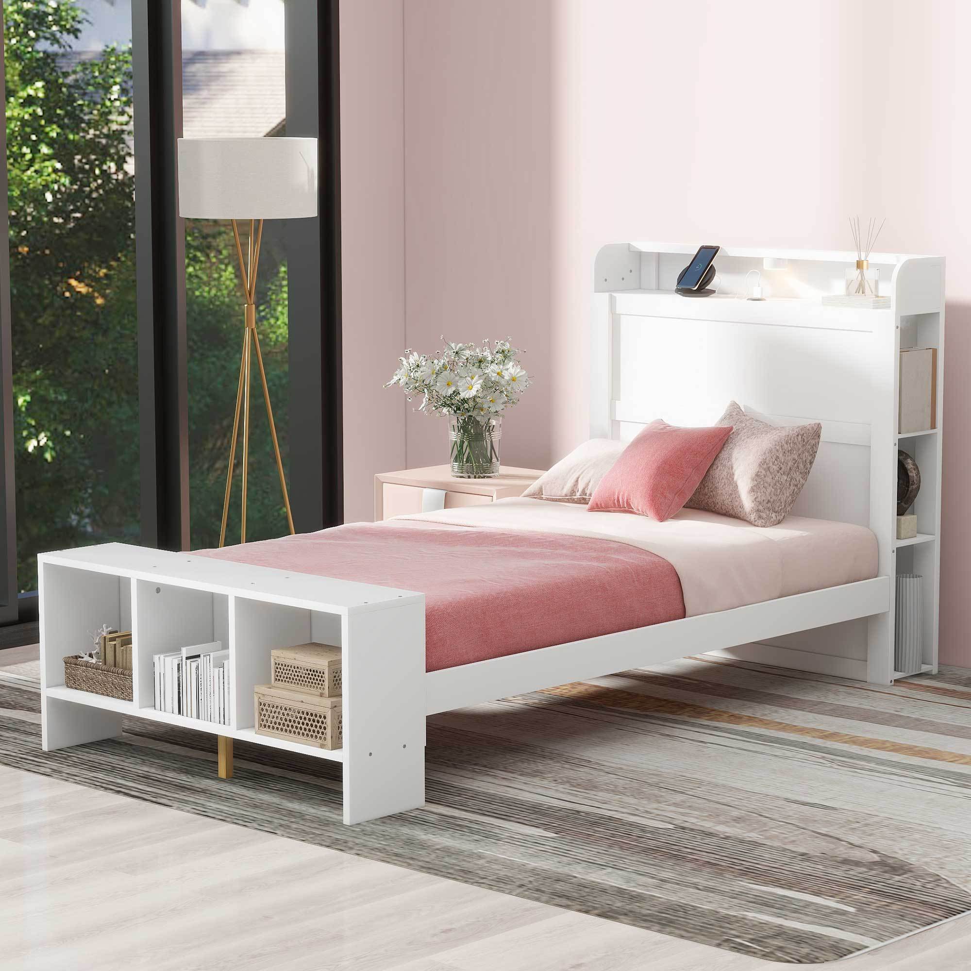 Twin Size Platform Bed with built-in shelves, LED Light and USB ports, White