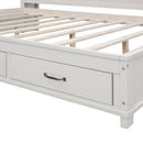 Full Size Wooden Daybed with 3 Storage Drawers, Upper Soft Board, shelf, and a set of Sockets and USB Ports, White