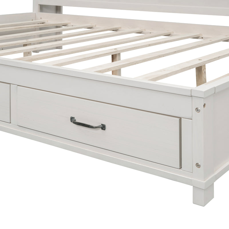 Full Size Wooden Daybed with 3 Storage Drawers, Upper Soft Board, shelf, and a set of Sockets and USB Ports, White