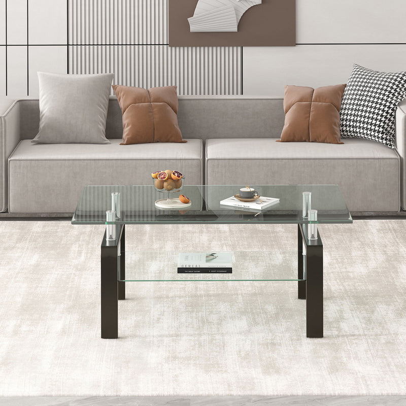 Tempered Clear Glass Coffee Table, 2-Layers Coffee Table Living Room Center Table