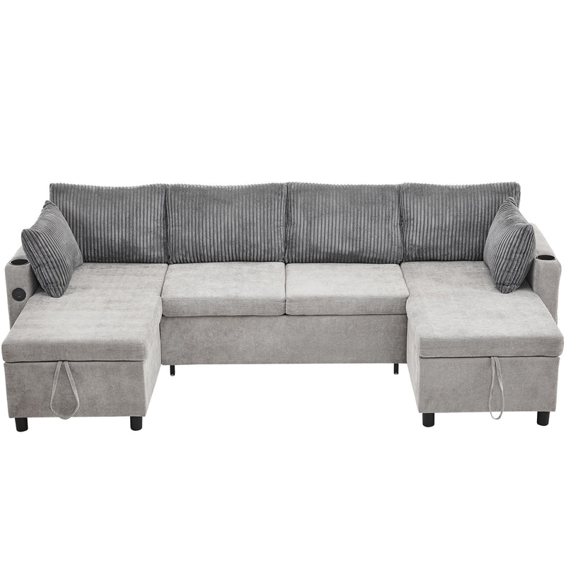 Sectional Sofa Bed With Pull Out Sleeper, USB Ports, Cup Holders