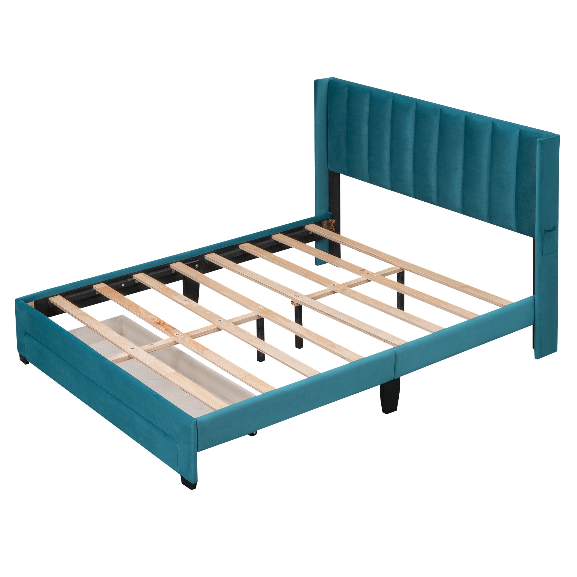 Queen Size Storage Bed Velvet Upholstered Platform Bed with a Big Drawer - Blue - Atlantic Fine Furniture Melbourne FL