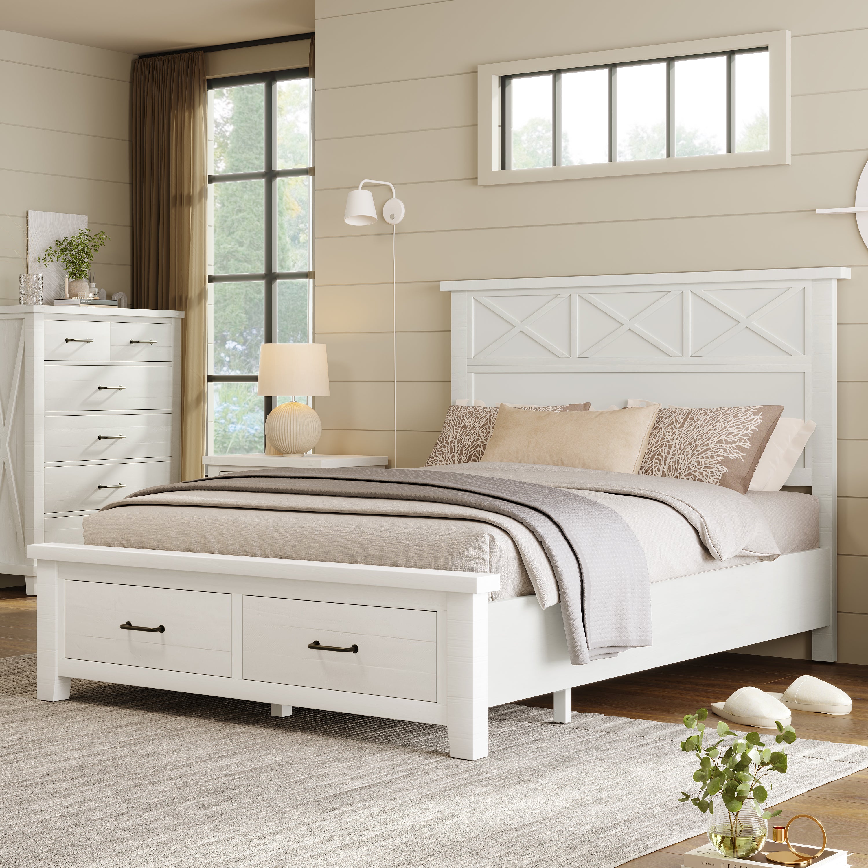 Rustic Farmhouse Style Whitewash Queen Storage Panel Bed with Two Drawers, White(old sku:BS301592AAK) - Atlantic Fine Furniture Melbourne FL