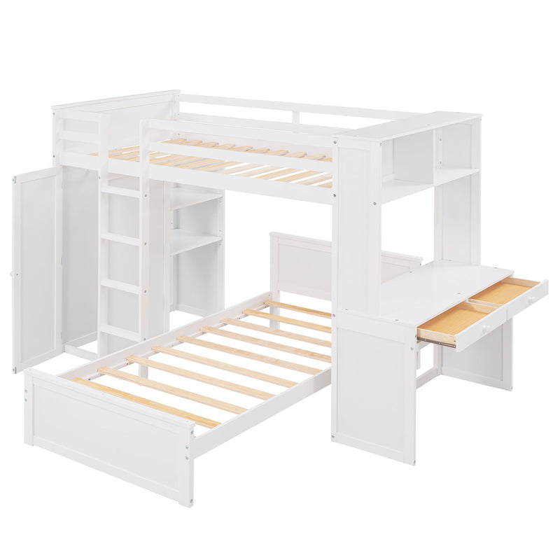 Loft Bed With A Stand Alone Bed, Shelves, Desk, And Wardrobe
