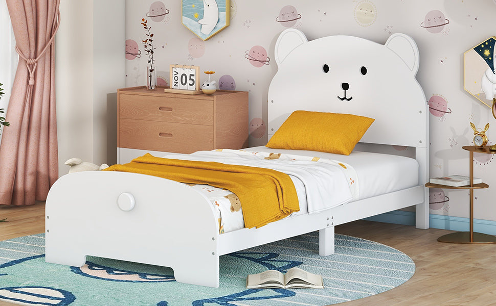 Twin Size Wood Platform Bed with Bear-shaped Headboard and Footboard,White - Atlantic Fine Furniture Melbourne FL