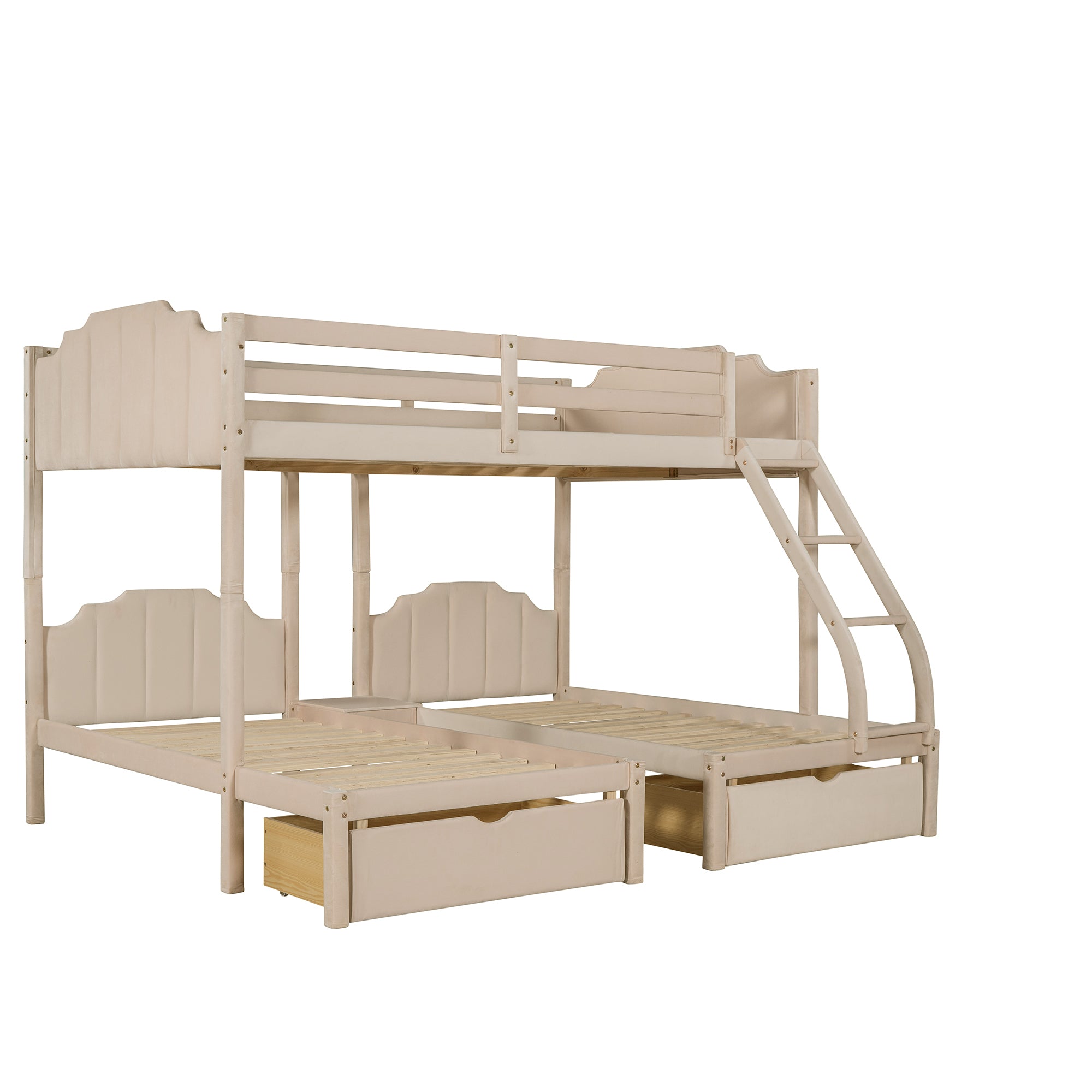 Full Over Twin & Twin Bunk Bed, Velvet Triple Bunk Bed with Drawers and Guardrails, Beige - Atlantic Fine Furniture Melbourne FL
