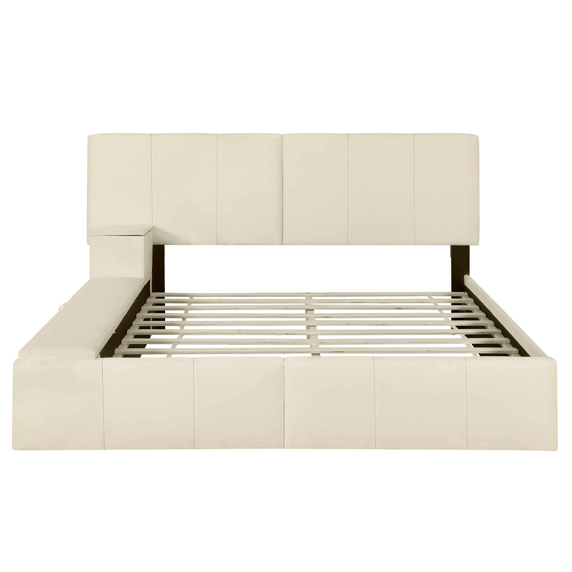 Queen Size Upholstered Platform Bed with Lateral Storage Compartments and Thick Fabric, Velvet, Beige - Atlantic Fine Furniture Melbourne FL