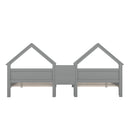 Double Twin Size Platform Bed with House-shaped Headboard and a Built-in Nightstand, Grey