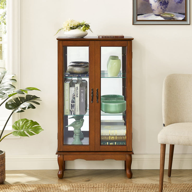 Curio Cabinet Lighted Curio Diapaly Cabinet With Adjustable Shelves And Mirrored Back Panel, Tempered Glass Doors (3 Tier), (E26 Light Bulb Not Included)