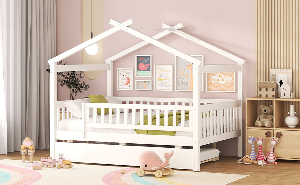 Full Size Wooden House Bed with Twin Size Trundle, White - Atlantic Fine Furniture Melbourne FL