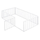 Twin Size Metal Floor Bed Frame with Fence and Door, White