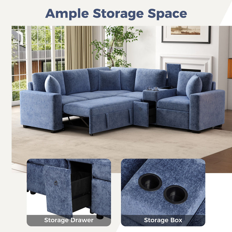 Contemporary L Shaped Convertible Sofa Bed With Pull Out Bed, Cup Holders, And Storage