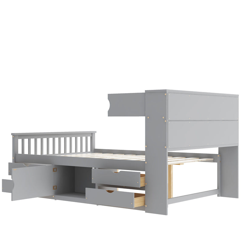 Captain Platform Bed Frame With Bookcase Headboard, 4 Drawers, Storage Shelves