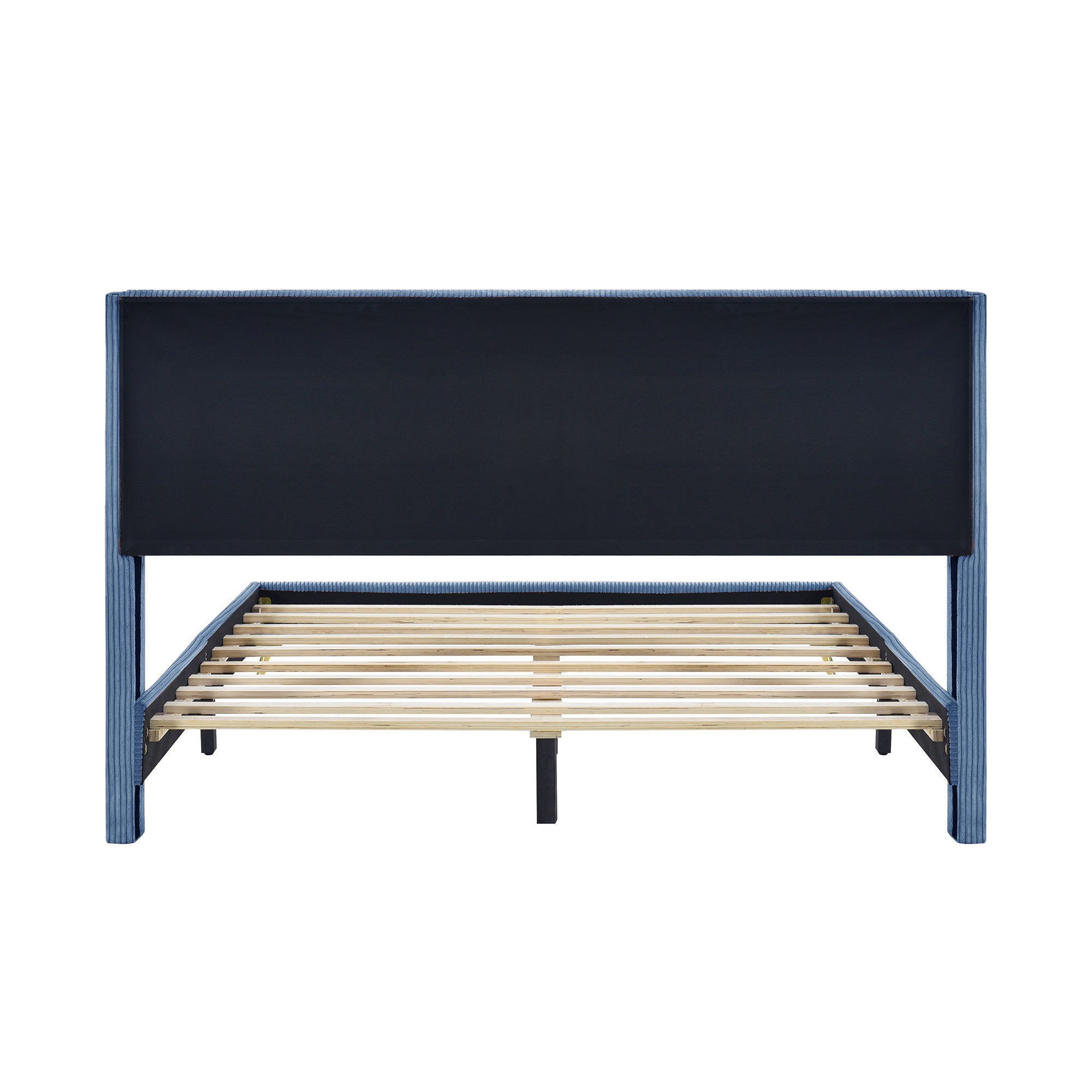 Queen Size Corduroy Platform Bed with Metal Legs, Blue