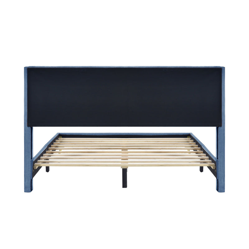 Queen Size Corduroy Platform Bed with Metal Legs, Blue